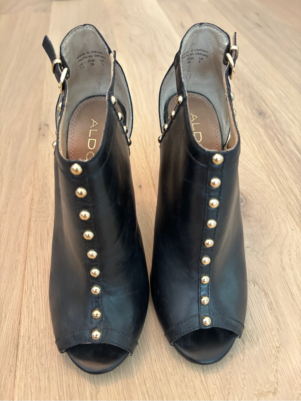 Aldo Black Leather Peep-Toe Slingback Mules with Gold Studs